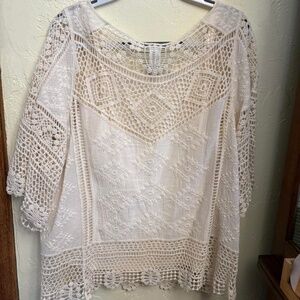 Democracy Cotton lined Lace Crochet 3/4 Sleeve Tunic Size XL excellent condition